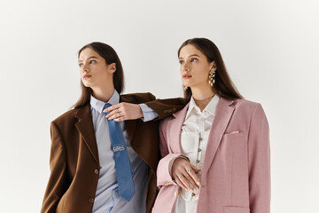 Stylish twin sisters showcase unique fashion and strong sisterly bond in contemporary attire