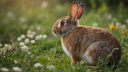 Fototapeta premium Wild Rabbit in Flower Meadow: Close-up of Brown Hare