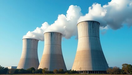 Giant industrial cooling towers against a blue sky, emitting vapor plumes , infrastructure, cooling system