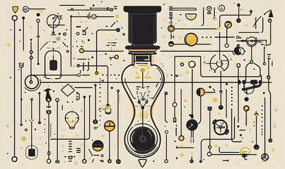 Intricate abstract linear composition featuring a light bulb and mechanical elements on a light tan background