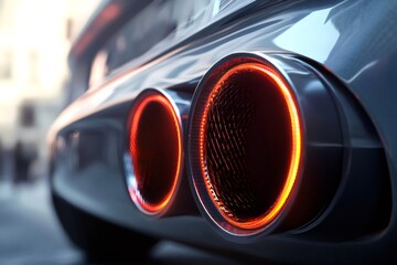 Close up of glowing exhaust pipes on a futuristic electric vehicle, hinting at innovative propulsion or energy systems