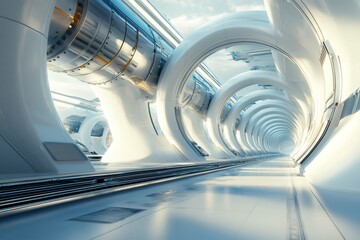 Futuristic white tunnel transporting energy through large pipes, with a glimpse of a futuristic city in the background
