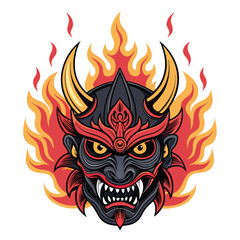 A menacing black samurai oni mask engulfed in hellish, demonic flames; detailed texture, dramatic lighting.