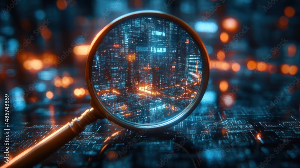 Poster close-up of a magnifying glass revealing intricate illuminated circuit board patterns with blue and 