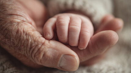Babyhand in der sch&uuml;tzenden Hand eines &auml;lteren Menschen &ndash; symbolisches Motiv f&uuml;r Generationen, Vertrauen, Leben, Familie und emotionale Verbundenheit zwischen Jung und Alt

