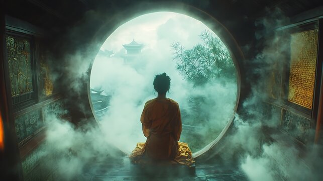 Contemplative meditation: Serene figure overlooking misty traditional Chinese architecture - Powered by Adobe