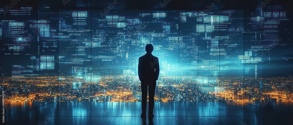Aufkleber silhouette of a person standing in front of a large digital screen displaying blue data and code ove