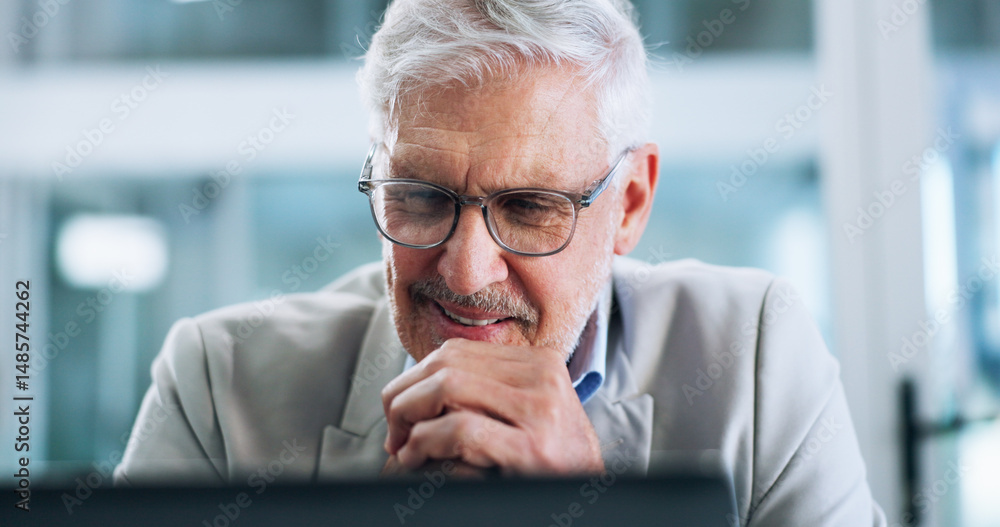 Poster laptop, smile and solution with business man in office for corporate administration or problem solvi