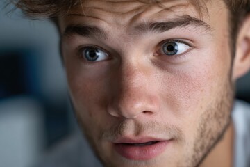 Fototapeta premium A striking close-up of a surprised young man, his large eyes expressing curiosity and wonder, capturing a moment that reflects feelings of intrigue and unexpected truths.