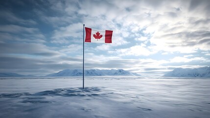 Canadian flag waving proudly in a snowy arctic landscape under a cloudy sky