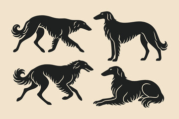 borzoi dogs engraving style sketch icon set vector