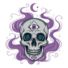 A detailed illustration of a skull with a third eye, surrounded by floating mystic symbols, rendered in intricate detail, exhibiting a dark, mystical aesthetic.