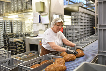 woman working in a large bakery - industrial production of bakery products on an assembly line
