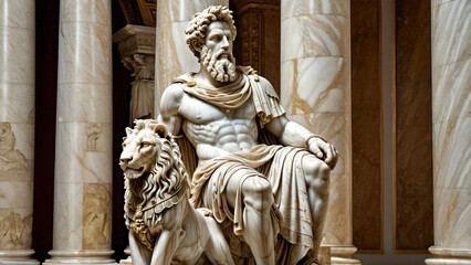 Obraz premium Seated Power, A Marble Hero and His Lion Beneath Ancient Columns