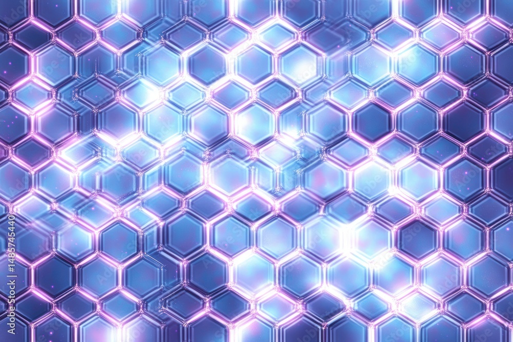 Poster abstract pattern of glowing hexagonal cells with light reflections in blue and purple tones creating