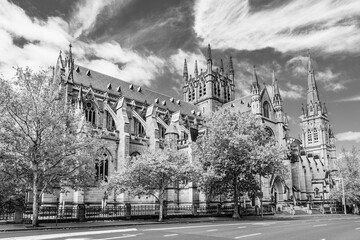 Sydney, New South Wales, Australia: Cathedral of Saint Mary of the Cross  tourist landmark Cathedral of Sydney  Saint Mary's Cathedral in black and white © PhotoFires
