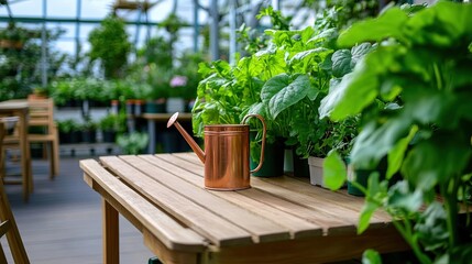 Wooden table and chairs with a copper watering can in a sunny interior of a greenhouse. 