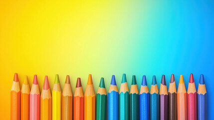 Vibrant colored pencils arranged in a row against a bright gradient background