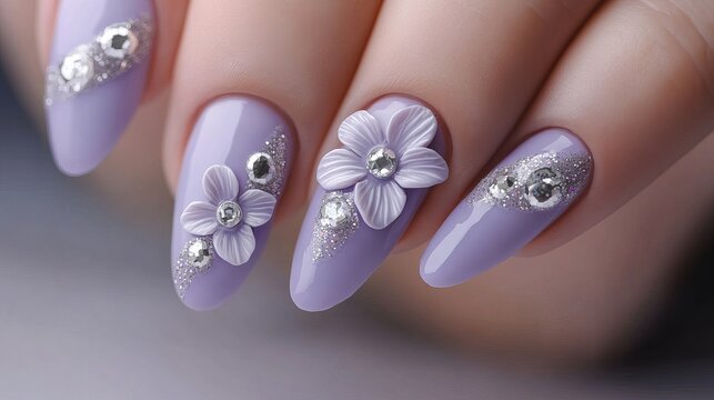 beautiful light purple gel nail art painting cute 3D flower decorated with sparkling silver glitter 