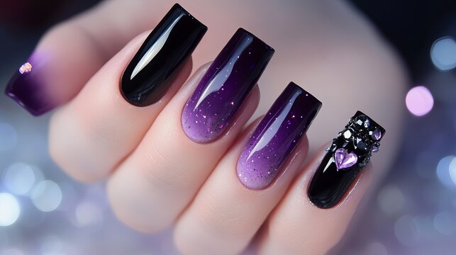 beautiful long acrylic extension nail coffin style painting purple black color ombre design gel nail art decorated with sparkling heart shape diamond on ring finger 