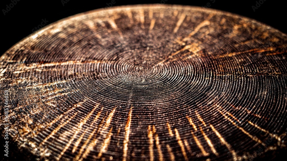 Aufkleber close-up view of a circular wooden surface with intricate patterns.