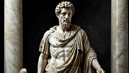 Marble Emperor Stands in Regal Stillness Beneath Ancient Pillars