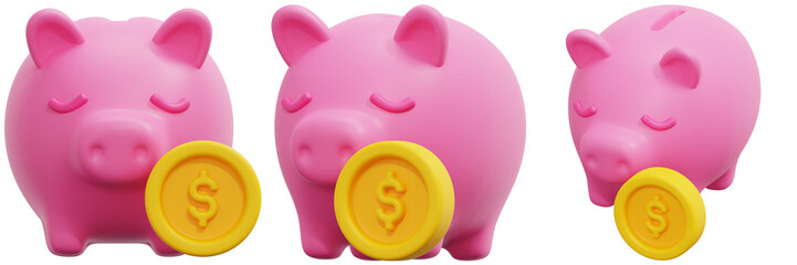 Set of Pink Piggy Bank with Gold Coin 3d Render Icon Illustration