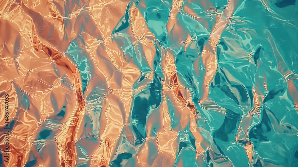 Poster abstract textured surface of crumpled metallic sheets in teal and peach.