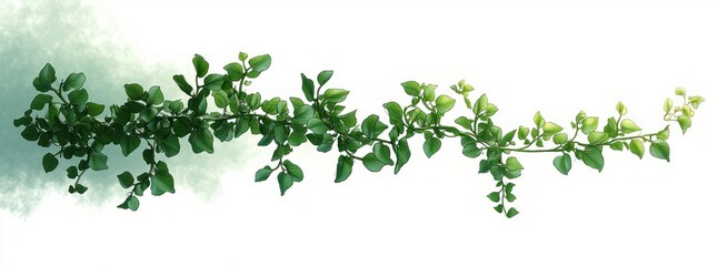 Long green vine branch with dense leaves bending organically against a white background with subtle green watercolor effect