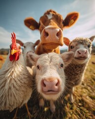 Fototapeta premium Close-up of a curious cow, sheep, and chicken in a sunny farm setting, showcasing their playful interaction