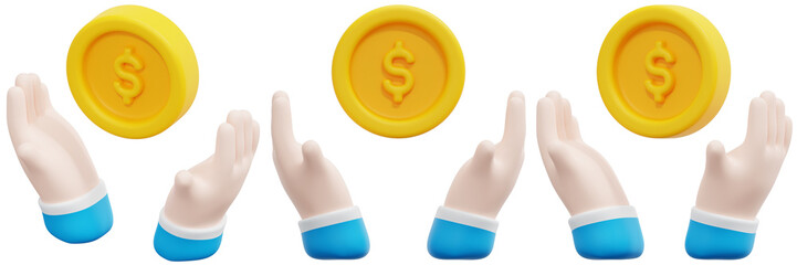 Set of Hands Holding Golden Coins 3d Render Icon Illustration