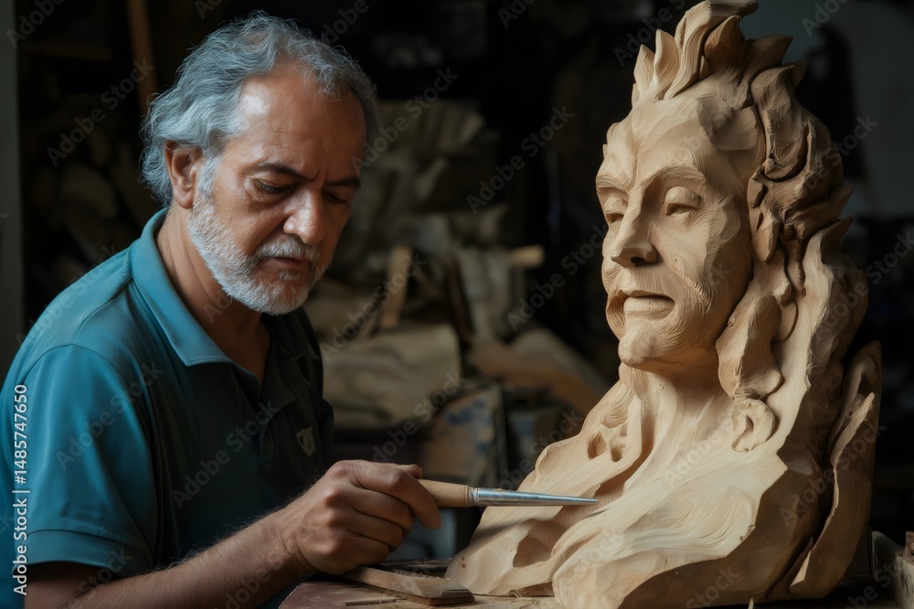 Aufkleber sculptor working on wooden bust in his workshop, using chisel and showing precision and expertise