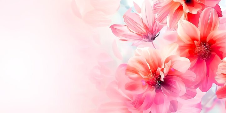 Flores rosas y coral, fondo rosa p&aacute;lido, estilo acuarela, colores brillantes, pinceladas delicadas, p&eacute;talos rosados ​​floreciendo en el centro de la imagen.