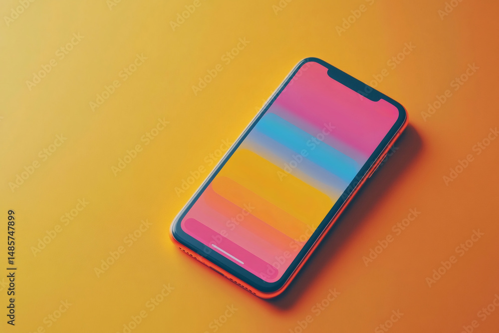 Poster mobile phone displaying a vibrant messaging application interface, resting on a bright orange surfac