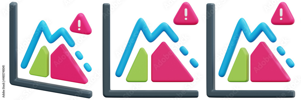 Aufkleber set of risk graph colorful 3d charts with warning icons 3d render icon illustration
