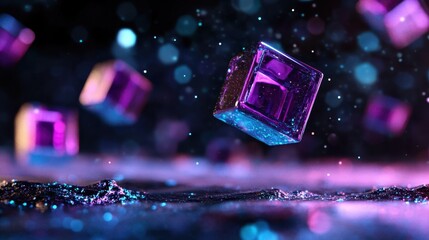 Purple and blue glowing cubes floating in dark dimension, tech visual effect