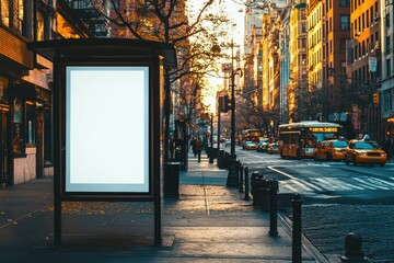 Empty billboard on city street at sunset