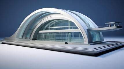 Fototapeta premium A clean-lined metro station model with smooth concave roof and silver-gray walls, centered on a soft blue-gray surface.