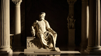 Regal Marble Figure Seated Amidst Ornate Classical Columns

