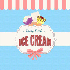 Square Ice cream banner. Sweet cold dessert social media advertising. Retro brand post with text. Branding for cafe or shop. Flat Vector background illustration.