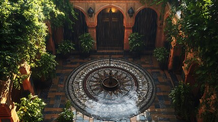 Fototapeta premium Tranquil courtyard scene featuring rain and traditional architectural design