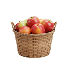 A woven basket filled with vibrant red and green apples, set against a white backdrop