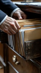 Hands sorting files in a wooden drawer