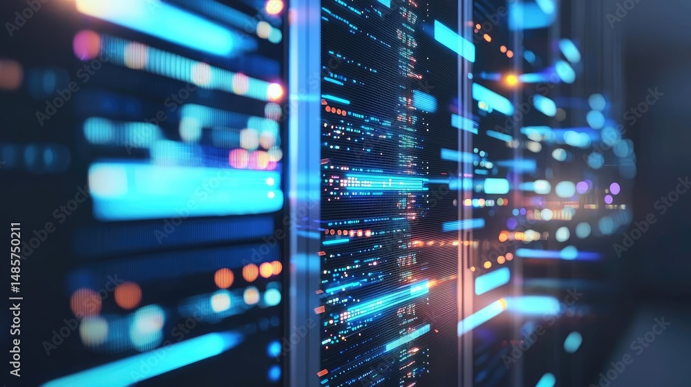 Poster Futuristic 3D rendering of high-performance servers with vibrant blue and orange data displays, ideal for cloud platforms, network infrastructure, and digital system visuals