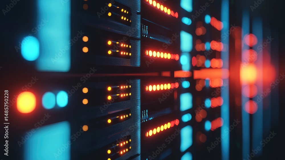 Aufkleber 3D rendering of data center servers glowing in blue and red lights, perfect for digital infrastructure, cybersecurity themes, or high-tech IT and cloud service visuals