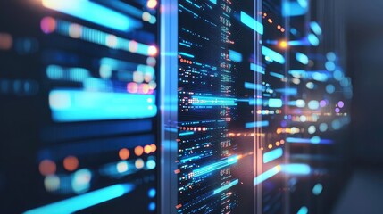 Obraz premium Futuristic 3D rendering of high-performance servers with vibrant blue and orange data displays, ideal for cloud platforms, network infrastructure, and digital system visuals