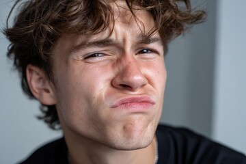 Fototapeta premium A teenage boy with curly hair makes a funny expression, showcasing a playful mood and capturing the essence of youthful innocence and humor in a close-up shot.