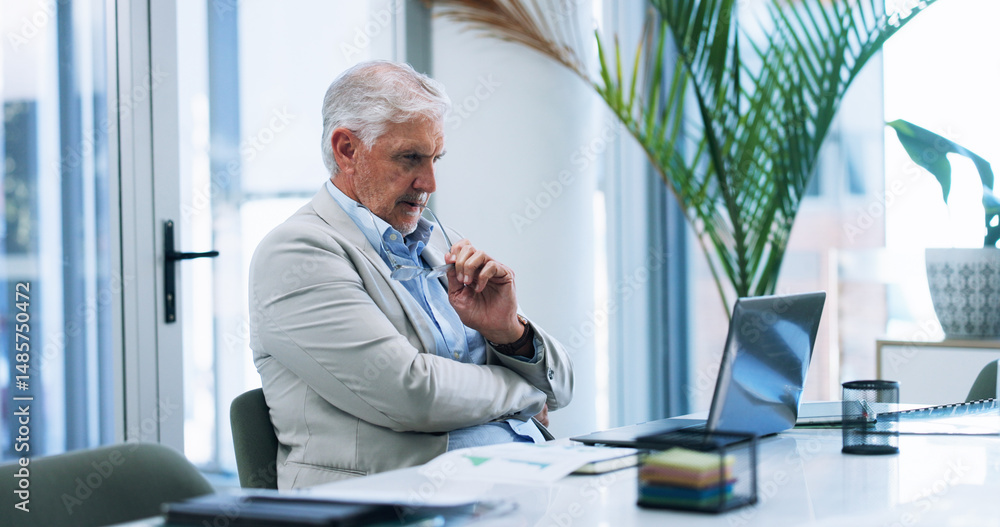 Poster business, laptop and solution with mature man in office for corporate administration or problem solv