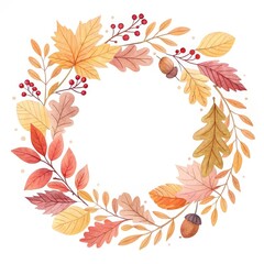 Delicate watercolor autumn wreath showcasing vibrant leaves and natural elements celebrating the beauty of fall