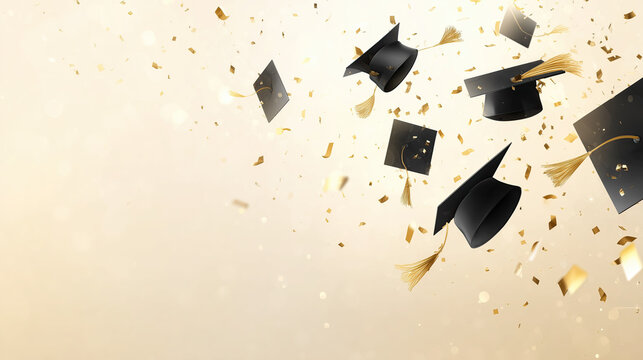 Floating graduation caps with golden tassels amid gold-silver confetti, minimalist cream-beige background and soft lighting for celebratory academic designs, editorial space for text overlay.